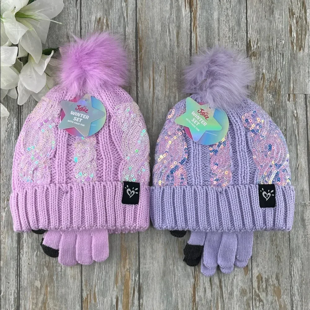 Girls Justice Sequin Cable Knit Hat and Gloves Set Pink 2-Pack